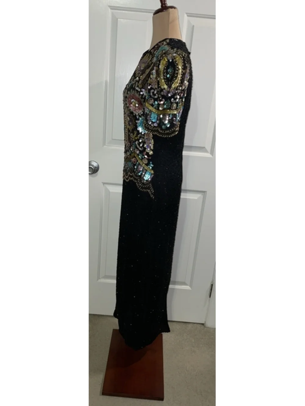 Laurence Kazar NewYork 100% Sequin Silk Dress Black Floral Small Formal Lined